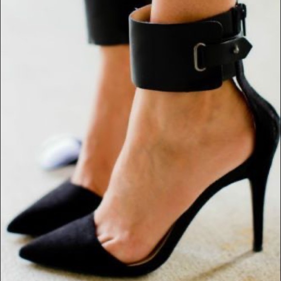 black pointed ankle strap heels